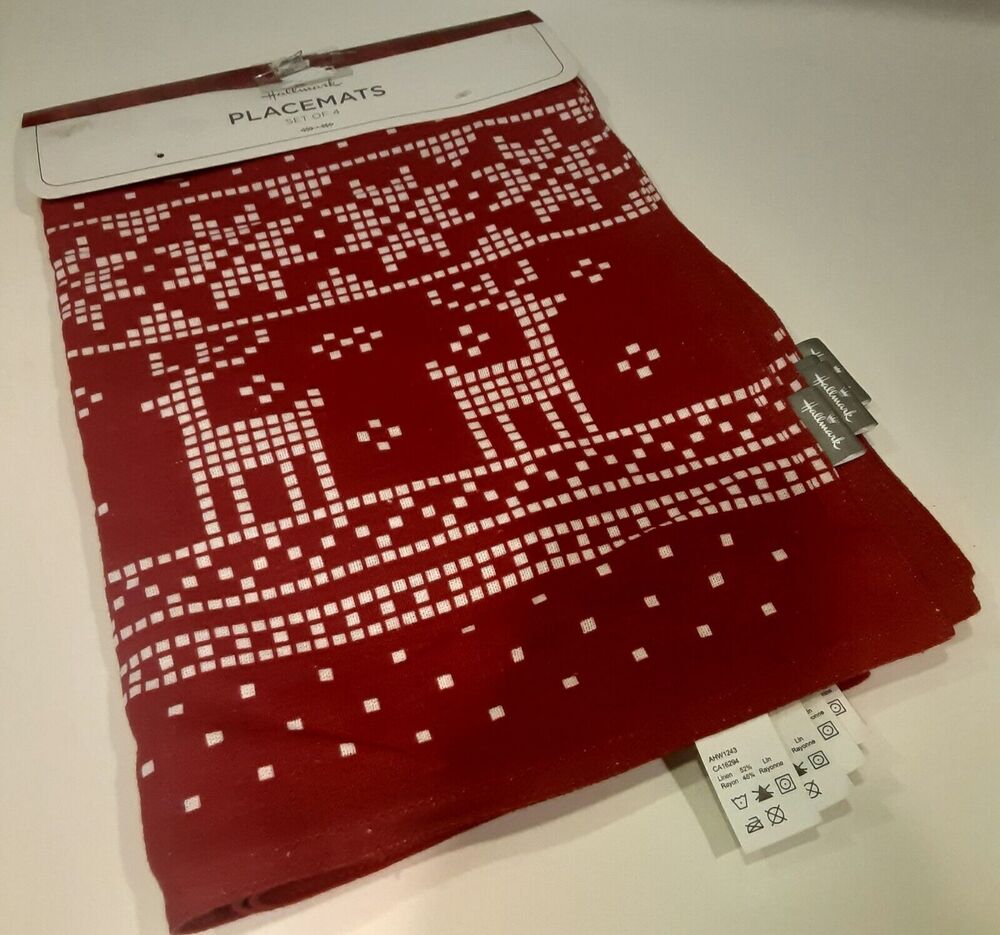 Hallmark Christmas Placemat Set Reindeer & Snowflakes Red & White